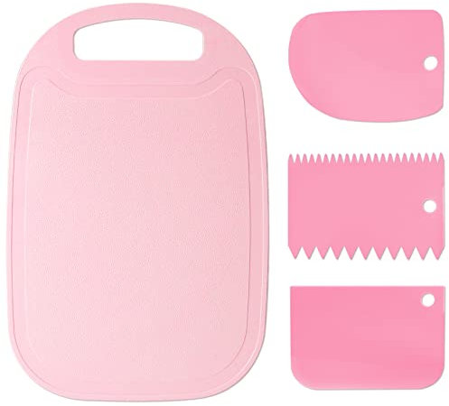 Planche à Découper de Cuisine en Plastique sans BPA, Planche à Découper Antidérapante et Antibactérienne Planche Plastique avec 3pièces Grattoir à Pâte pour Viande, Légumes et Fruits, Rose