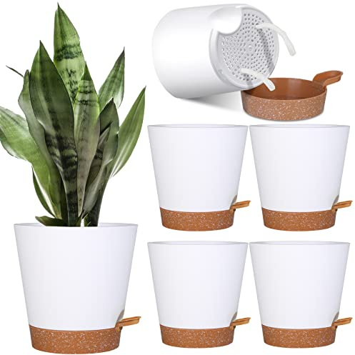 5 Pack Self Watering Plant Pots, 6 inch Plastic Plant Pots Set Bottom Watering Planters With Absorbent Rope & Saucer, Self Watering for Indoor Plants Minimalist Decor Outdoor Garden Flower. (White)