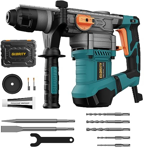 GLORITY 1-1/4 Inch SDS-Plus 13 Amp Heavy Duty Rotary Hammer Drill with Safety Clutch 4 Functions and Variable Speed, Including Chisels and Drill Bits