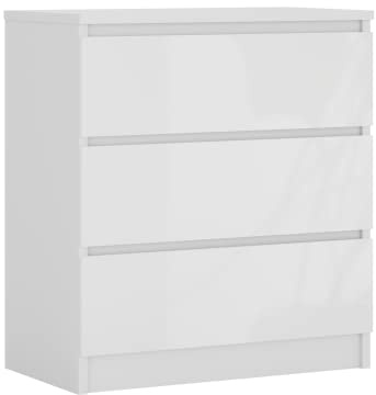 3xE Living Commode 3 tiroirs 70 cm, Couleur : Blanc Mat/Blanc Brillant, L : 70 cm, P : 39 cm, H : 79 cm