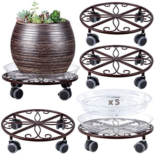 5 Pack Plant Caddy with Wheels Heavy Duty 11.8 Inches Metal Plant Stand with Wheels Plant Dolly Rolling Plant Stand Plant Roller with Casters for Indoor and Outdoor (5, Bronze)