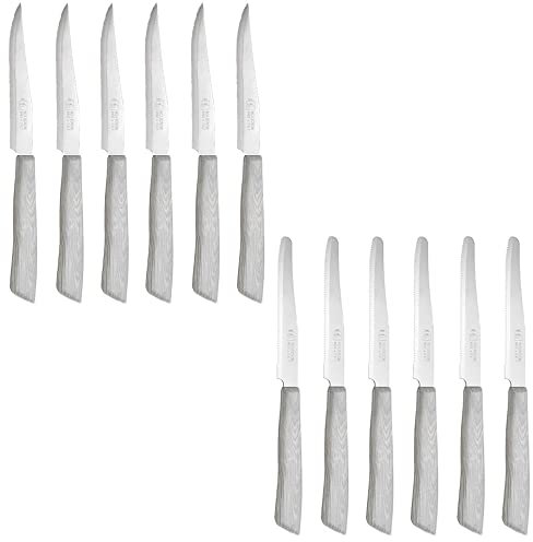 cosedacasa Coltello da tavola Bistecca Pizza set12 Manico Bianco Effetto Legno Lama Acciaio Inox seghettata per Bar ristoranti tavola casa-Coltello tavola