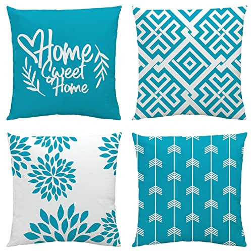 NIULAA Samt Kissenbezug 45x45 Türkis mit Muster 4er Set | Sofakissen Couchkissen Geometrisch Blumen,Dekokissen bezug Wohnzimmer,Deko Kissenhülle für Sofa Stuhl Bett