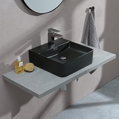 Kiamami Valentina - Lavabo Squadrato in Ceramica | Foro per Rubinetto e Troppopieno | Design Moderno | Finitura Nero Opaco, Nero, Ceramica