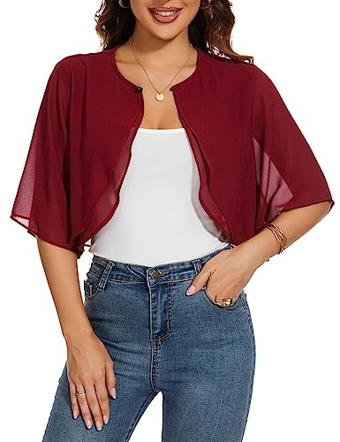 HANERDUN Bolero Damen Festlich Elegant Chiffon Strickjacke 3/4 Ärmel Kurz Schulterjacke Perfekt mit Allerlei Cocktailkleid Abendkleid