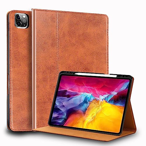 Gexmil Leder Hülle für iPad Pro 11 Zoll 4./3./2./1. Generation 2022/2021/2020/2018 Echt Leder Cover mit Stylus Halter Stoßfest,Automatischer Schlaf/Aufwachen,Einstellbarer Ständer rutschfest,Braun