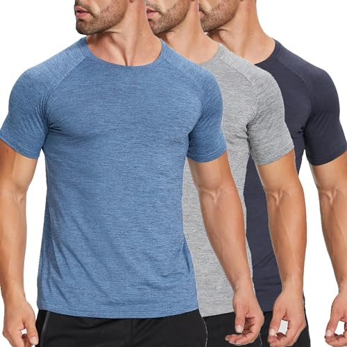 ZENGVEE 3er Pack Slim Fit Fitness T-Shirt Herren Sport Tshirts Funktionsshirt Schnelltrocknend Atmungsaktive Bodybuilding Shirt Workout Gym Trainingsshirt（320-Black Grey Blue-XL）