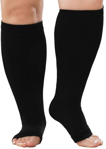 PUTUO Plus Size Compression Socks: Wide Calf Graduated Compression Stockings Men Women Open Toe Extra Large Compression Sock for Support Flight Travel Pregnancy Nurses 20-30 mmHg Black 5XL 1Pairs