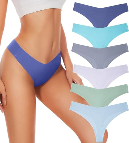 Hellopopgo Seamless Thongs For Women V-waisted No Show Thong Seamless Panties Breathable Comfortable Underwear Womens 6-Pack,Large