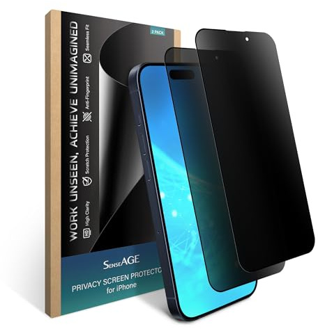 SenseAGE 2 Pack Blickschutzfilter für iPhone, Anti-Spionage Privates Aluminosilikatglas, Anti-Kratz, Volles Bildschirm-HD (iPhone 15 Pro [6,1 Zoll])