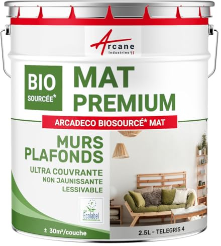 Matte Wand- und Deckenfarbe: Arcadéco Biobasiert Mat Telegrau 4 - RAL 7047-2.5 L (+ ou - 30m² par couche)