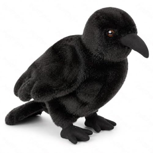 PuffPurrs Lebensechtes Krähen-Kuscheltier, Realistischer Schwarzer Vogel Plüschtier mit Bernsteinfarbenen Augen, 15 cm, Geschenk für Vogelliebhaber und Natursammler