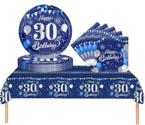 37pcs Navy Silver 30th Birthday Decorations - Tablecloth, Paper Plates & Napkins for Adults' 30th Birthday Gifts