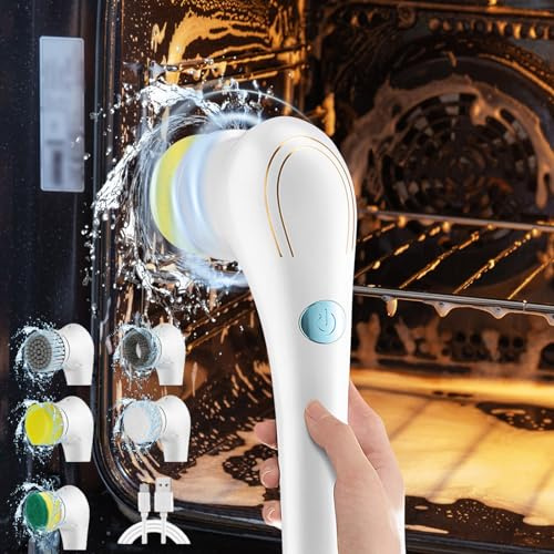 Electric Spin Scrubber,Rechargeable Handheld Cleaning Brush with 5 Replaceable Brush Heads Set, for Tile, Sink, Shower Tub Bathroom, Kitchen Floor, Car Wash