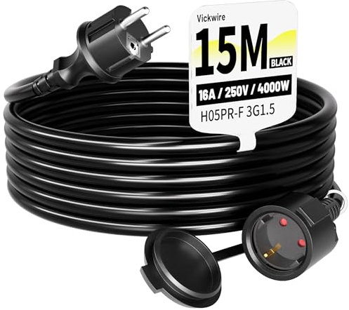 Vickwire Gummi Verlängerungskabel 15m außen Kabel Kabelverlängerungen mit Schutzkontakt Stecker Schuko Verlängerung 16A/250V, Schwarz, H05RR-F 3G1,5 mm²