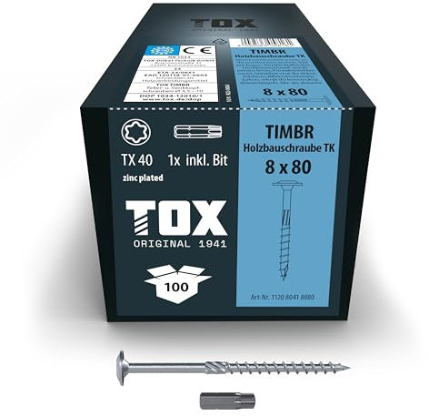 TOX Holzbauschrauben TIMBR TK 8,0 x 80 mm, blau verzinkt mit Tellerkopf, TX40, Schrauben für leichtes Eindrehen und hohe Tragfähigkeit im Holzbau, 50 Stück im Karton, inkl. 1x Bit, 112080418080
