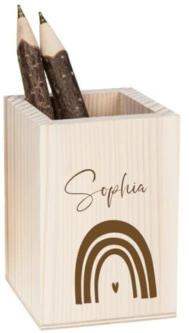 minimutz Stiftehalter Holz für Kinder - Personalisiert mit Name - Stiftebox Schreibtisch mit Regenbogen - Gravierter Stiftebecher eckig mit Namen - 11x7.5x7.5 cm