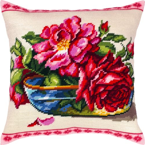 Brvsk Enchanting Roses. Embroidery Kit w/Printed Tapestry Canvas (40 × 40 cm) — Embroidery Cushion Kit for Creative Home Décor — Needlework Kit for Adult Beginners