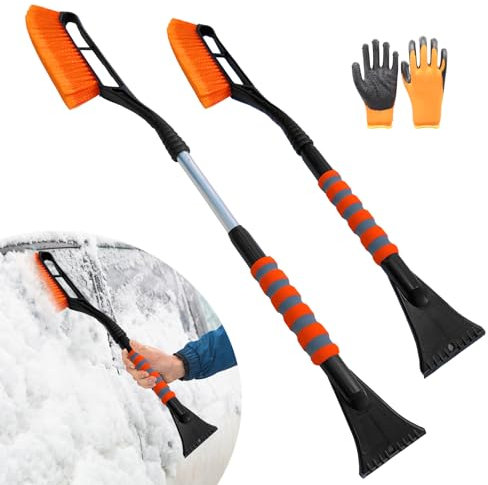 JINGTOPS Grattoir Pare Brise Voiture Telescopique,2 en 1 Raclette Vitre Voiture Gratte Glace et Brosse à Neige avec Gant,Balai Neige Voiture,Dégivreur Pare Brise 78-93 cm (Orange)