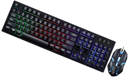 Ensemble Clavier et Souris Gaming USB Lumineux 104 Touches | Design sans Conflit, Souris 4 Touches, Plastique Résistant à L’usure, Noir, Usage Bureau et Café