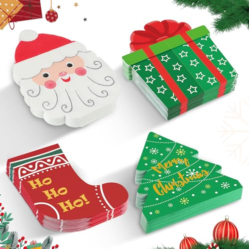 Natnarr 100 Weihnachtsservietten, 3-Lagig, 16,5 x 16,5 Cm, 4 Motive | Weihnachtsmotive Mit Santa, Baum, Strumpf Und Geschenk; Weich, Saugfähig, Ideal Für Dessert, Cocktail, Party Und Neujahr