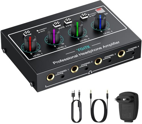 YGiTK Headphone Amplifier with Light, 4 Channel Mono/Stereo Audio Amplifier with Power Adapter 3 Input Mute & Audio Mixer, Ultra-Compact Headphone Amp Splitter 1/4 & 1/8 TRS Output for Studio