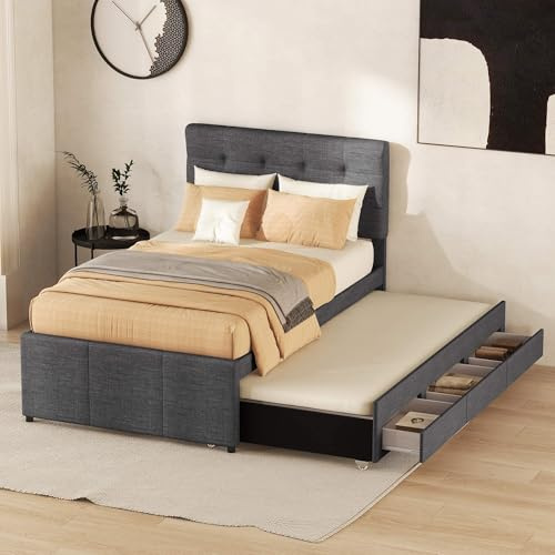 MQGPM Polsterbett Einzelbett 90x200 cm, Bett mit Schubladen und Ausziehbett, Bettgestell mit Verstellbares Kopfteil und Lattenrost, für Schlafzimmer Gästezimmer, Leinen, Ohne Matratze, Grau