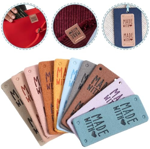 Ymapinc 50 Stück Handmade Label zum Annähen - 10 Farben | Leder Geprägte Handmade Label mit Löchern PU-Leder Handgefertigte Etiketten für DIY Taschen Hut Jeans Handwerk Stricken