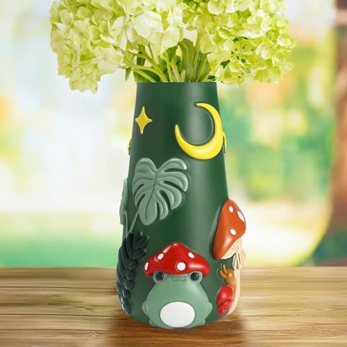 AmiCera Niedliche Frosch Blumen Vase, 20 cm Bunte Eklektische Vasen Deko Wohnzimmer, Einzigartige Boho Dekorative Vasen für Blumen, Handbemalte Moderne Regenbogen Funky Gartenarbeit Geschenke,Grün