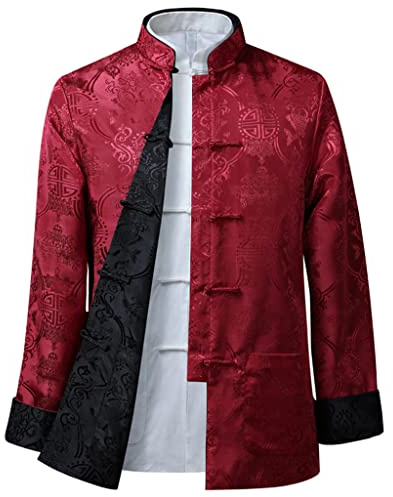 MOKLYF Costume Tang pour Hommes, Veste réversible, vêtements Traditionnels Chinois, Chemise de Kung Fu, Uniforme à Manches Longues(Rouge-3X-Large-4X-Large