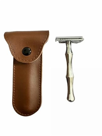 Classic straight beard grooming trimmer safety kit shaving face razors for men with brown leather travel case, chrome-plated metal shaving tools beard kit for men grooming