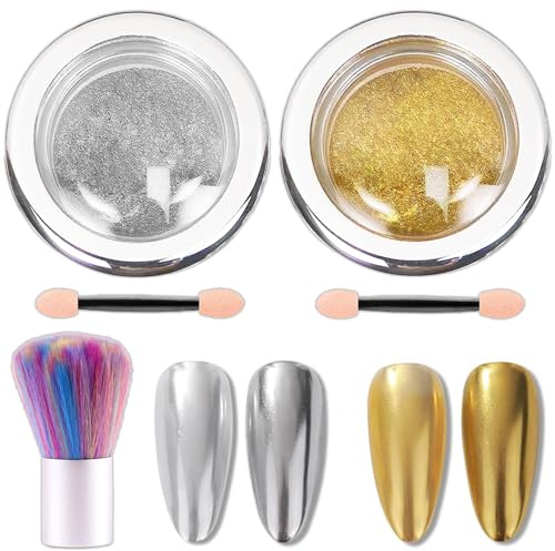 2 Jar Gold Silber Chrome Nail Powder Chrome Pulver Nägel, Spiegeleffekt Metallic Cromepulver Nägel Glitzer Nagelpuder Nail Design, Gürtel Eine Nagelbü