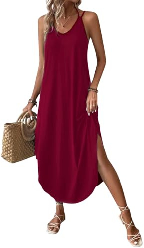 Chicrise Abiti Spiaggia Smanicato Vestito Collo a V Estivo Vestito Cinturino Lungo Casual Boho Moda Rosso Grand 42-44