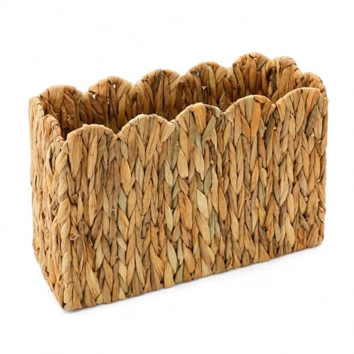 Water Hyacinth Magazine Holder for Floor, Wicker Magazine Basket, Tall Narrow Magazine Rack & File Holder for Books, Mail & Newspapers, Scalloped Storage Basket for Living Room, Office, Bedroom