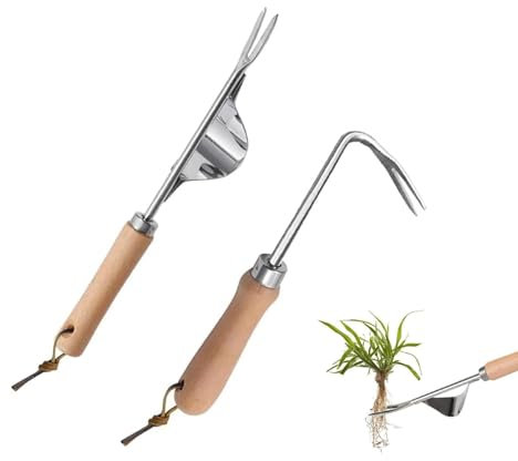 QhgPnt 2PCS Garden Weeding Tool, Hand Weed Remover Tool, Stainless Steel Manual Weeder, Weed Puller with V-Shape Hook, Manual Gardening Weed Picker Tool for Patio Crack Lawns