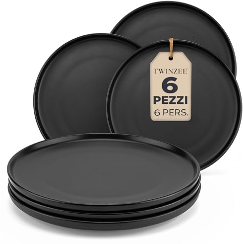 Twinzee Piatti Colazione - Set piatti Neri Mpoderni, 6 persone - Elegante Servizio Piatti - Adatti a Microonde - Collezione Ebony