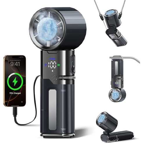 yAyusi Ventilateur Turbine Portable à Main, 9000 mAh Multifonction Ventilateur Refroidissement Rapide et Fonction Charge, 100 Vitesses, Câble Type-C Intégré et Écran LED, Idéal pour Voyage et Bureau