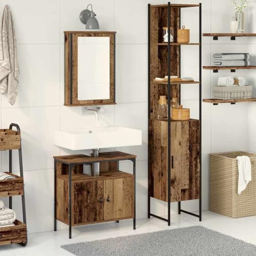 QJBSAVVA Mobile lavabo con lavabo integrato in legno massello di pino vintage look rettangolare marrone brunito design moderno con 4 ripiani e 2 ante per bagno
