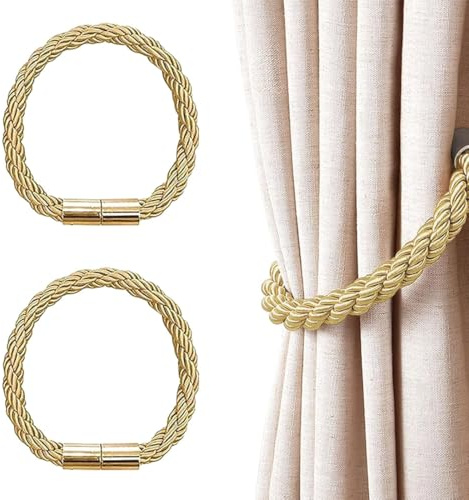 UIEXAY Lot de 2 Embrasses Rideaux Magnétiques,attache rideau,10 Couleurs, Corde Polyester Reinforcée – pour Salon, Chambre, Salle à Manger & Salle de Bain (Or)