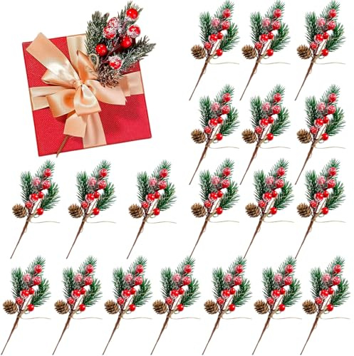 20 Stück Rote und Weiße Beerenstiele, Kleine Künstliche Kiefernspieße und Sprays Weihnachtsbeeren-Picks mit Tannenzapfen Stechpalmenbeere Weihnachtsbeeren Tannenzweige Künstliche für Girlande, Kranz