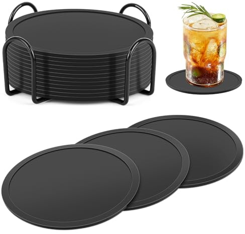 Pesutei 12 Stück Untersetzer Gläser, 10CM Schwarz Silikon Untersetzer