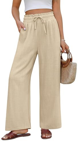 UMIPUBO Pantalon Lin Femme Été Coton Fluide Large Elegant Décontracté Pantalon Taille Haute Élastique avec Cordon Léger Jogging Pants de Plage avec Poches