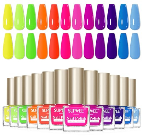 SUPWEE Neon Nail Polish Set,12 Colour Neon Nail Polish Quick Dry | Oil Based Quick Dry Fingernail Nail Varnish Manicure Art Salon Home Pastel Reverie Gift for Women