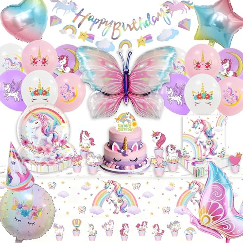 REBOYA Einhorn Geburtstagsdeko Set, Happy Birthday Girlande Bunt, Partygeschirr Pappteller, Einhorn Deko Kindergeburtstag mit Luftballons, Tortendeko Party Deko Tischdecke Geburtstag Mädchen