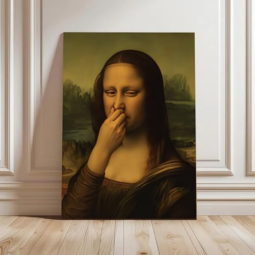 AEFOUU Mona Lisa Lustiges Badezimmer Leinwanddruck Wandkunst Toilettenhumor Mona Lisa Porträt Schlechter Geruch Gemälde Poster Bild Waschraum Wohnkultur 60x80cm Mit Rahmen