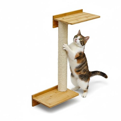 eyepower 71 cm Rascador de Pared Milo con 2 Plataformas de Bambú - Árbol para Gatos con Estantería - Columna de Sisal Natural - Recorrido de Estantes - Torre para Gatos Estable - Poste Fijación Mural