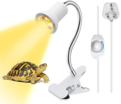 Tortoise Basking Clamp Lamp with 360° Adjustable Gooseneck, Reptile Heat Lamp with Dimmer Switch, E27 Ceramic Bulb Holder Metal Clip Light for Turtle Lizard Chameleon Terrarium (White, No Bulb)
