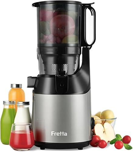 Fretta Extractor de Zumos y Verduras,Apertura de 135 MM y Capacidad de 1,8 L, Licuadora Prensado en Frio para Frutas y Verduras Enteras, 250W Juicer Machine, Sin BPA, Incluye 2 Vasos (Gris, 1,8L)