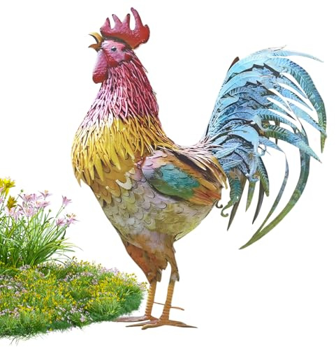 Scultura Da Giardino Di Gallo - Arte Del Patio In Metallo, Statua Di Pollo Vibrante, Per Esterni, Decorazione Di Animali In Piedi | Gallo Artistico In Metallo Per Patio, Prato, Pati, Cucina, Ja