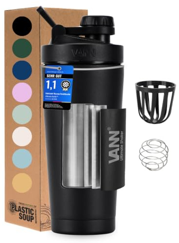 VANN Shaker Proteinshake 750ML - Thermo Shaker Edelstahl [12h kalt] | Ideal für Gym, Fitnessstudio, Sport - Schüttelbecher für Protein- und Eiweißshakes - Mikroplastik frei - Ultimate Schwarz